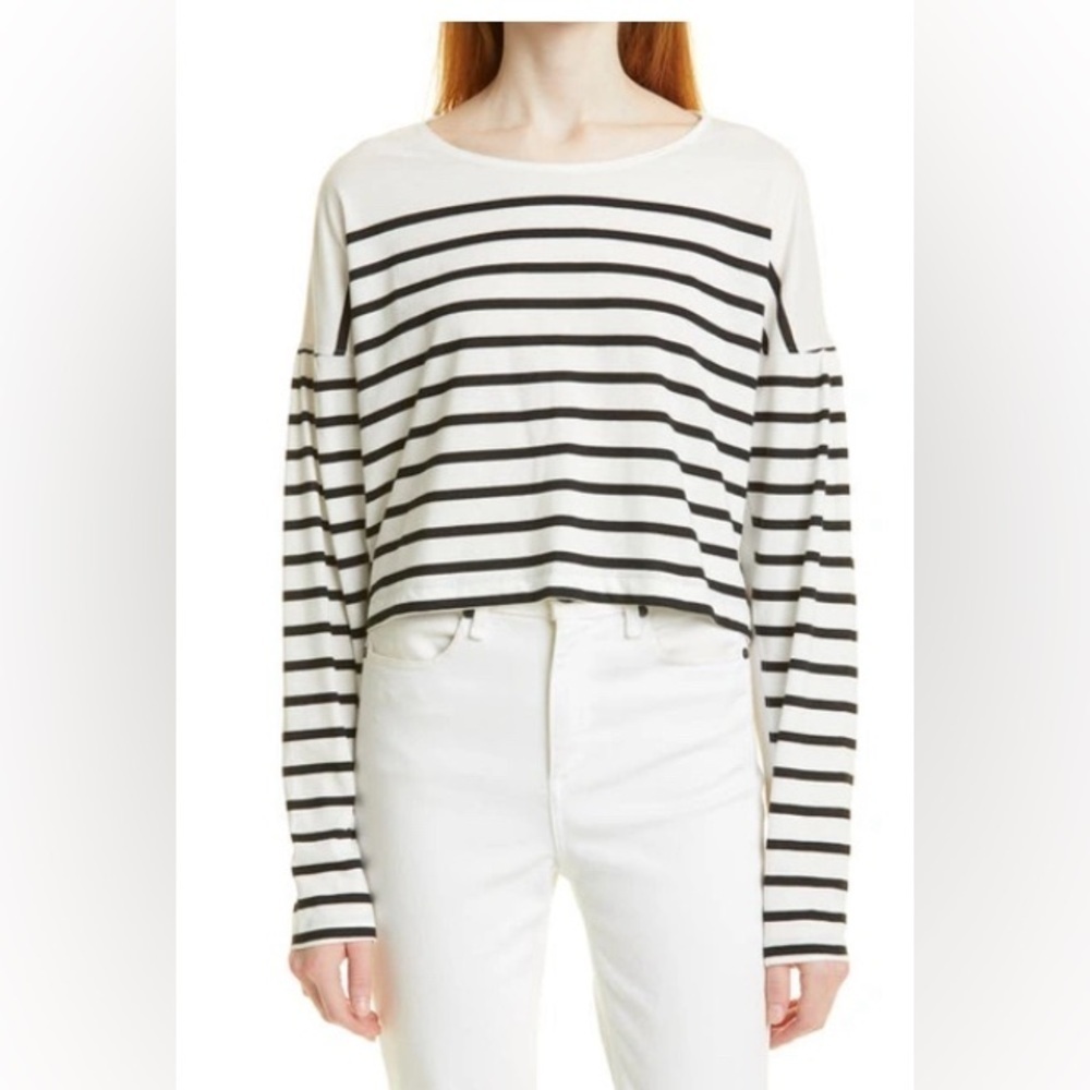 La Linge Black and White Striped Cotton Knit Crop Top Size Large